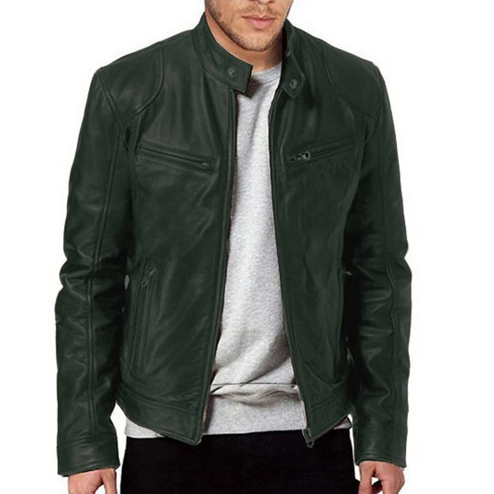 Winter warmth button fashionable and domineering motorcycle men's multi pocket PU stand collar zipper cardigan leather jacket