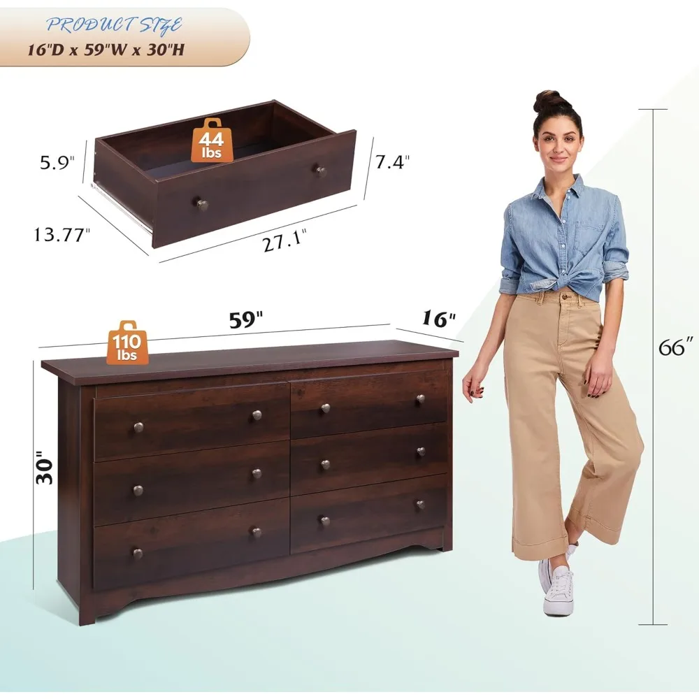 Wood Dresser with 6 Drawer, 59”Wide Chest of Drawers for Bedroom, Long Nightstand with Drawers, Modern Large Storage Tower Unit