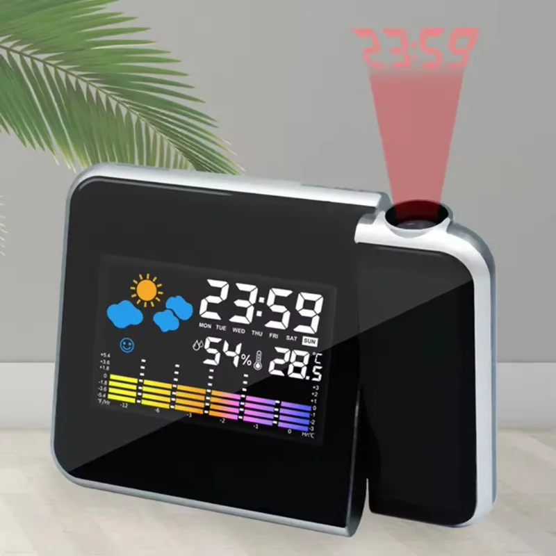 Color Screen Digital Projection Weather Alarm Clock, Electronic LED Adjustable Angle Projection Intelligent Alarm Clock