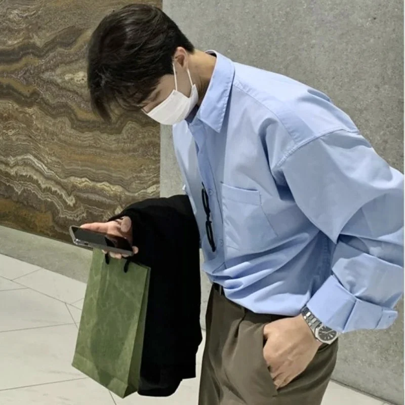 Korean Blue Shirt Korean Fashion Men High-end Light Blue Shirt Men