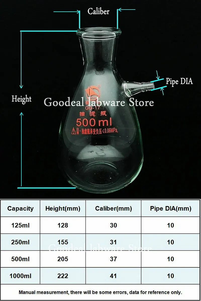1pc 125/250/500/1000ml High Borosilicate Glass Vacuum Filtration Suction Flask, Lab Filter Bottle with Upper Branch Mouth