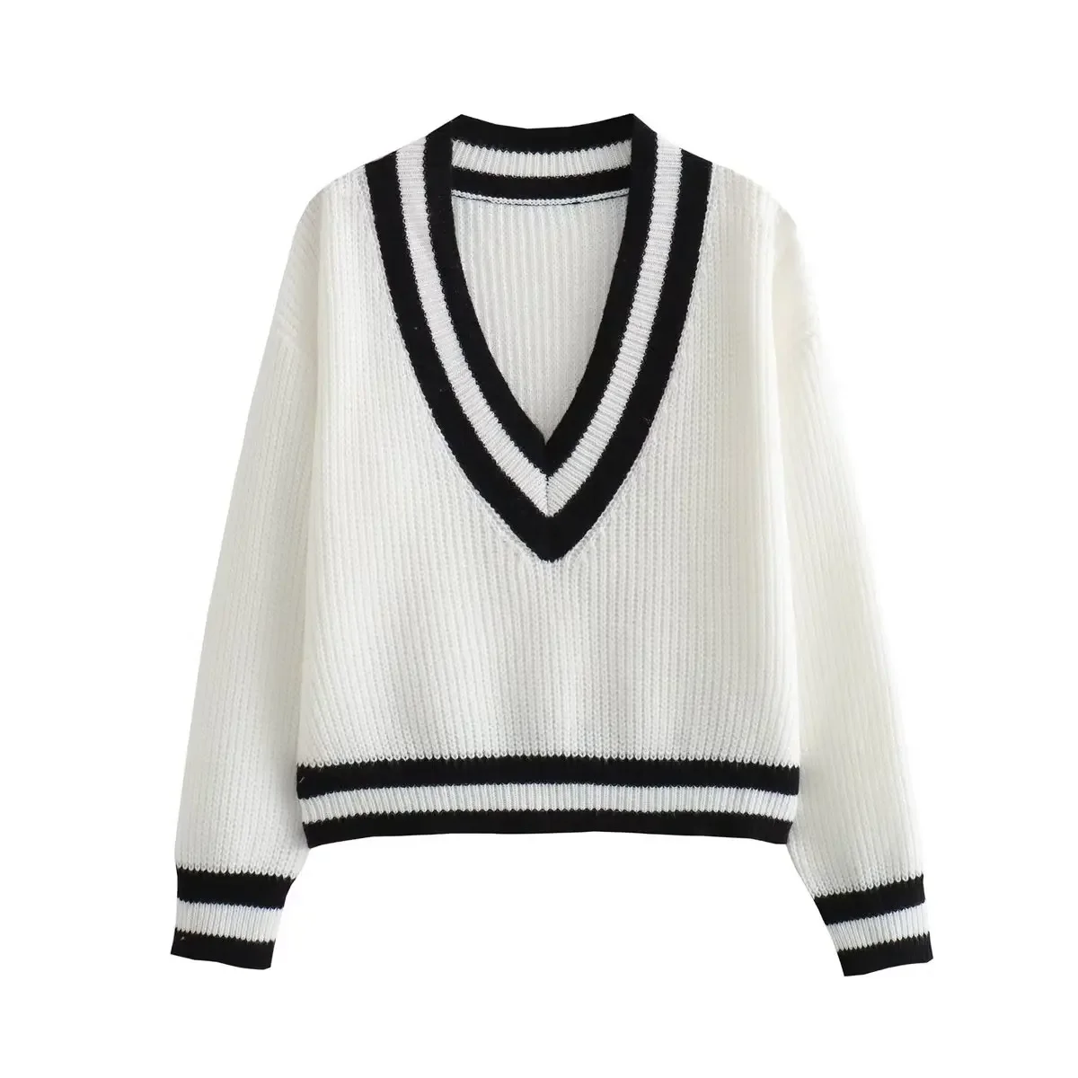 

Women's 2023 Fashion Casual Warm Contrast Striped Knit Sweater Retro V-neck Long-sleeved Female Pullover Chic Top