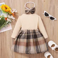 hibobi Autumn 2-Piece Set Baby Girl Plaid Print Bow Decor Color-Block 2 In 1 Dress With Headband For 1-3 Year Old Baby Girls 2