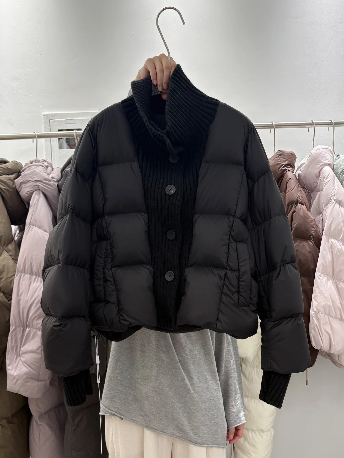 Women's Short Down Coat Knitting Spliced Stand Collar Puffer Jacket Winter Single Breasted Loose Casual Chic Thick Warm Overcoat