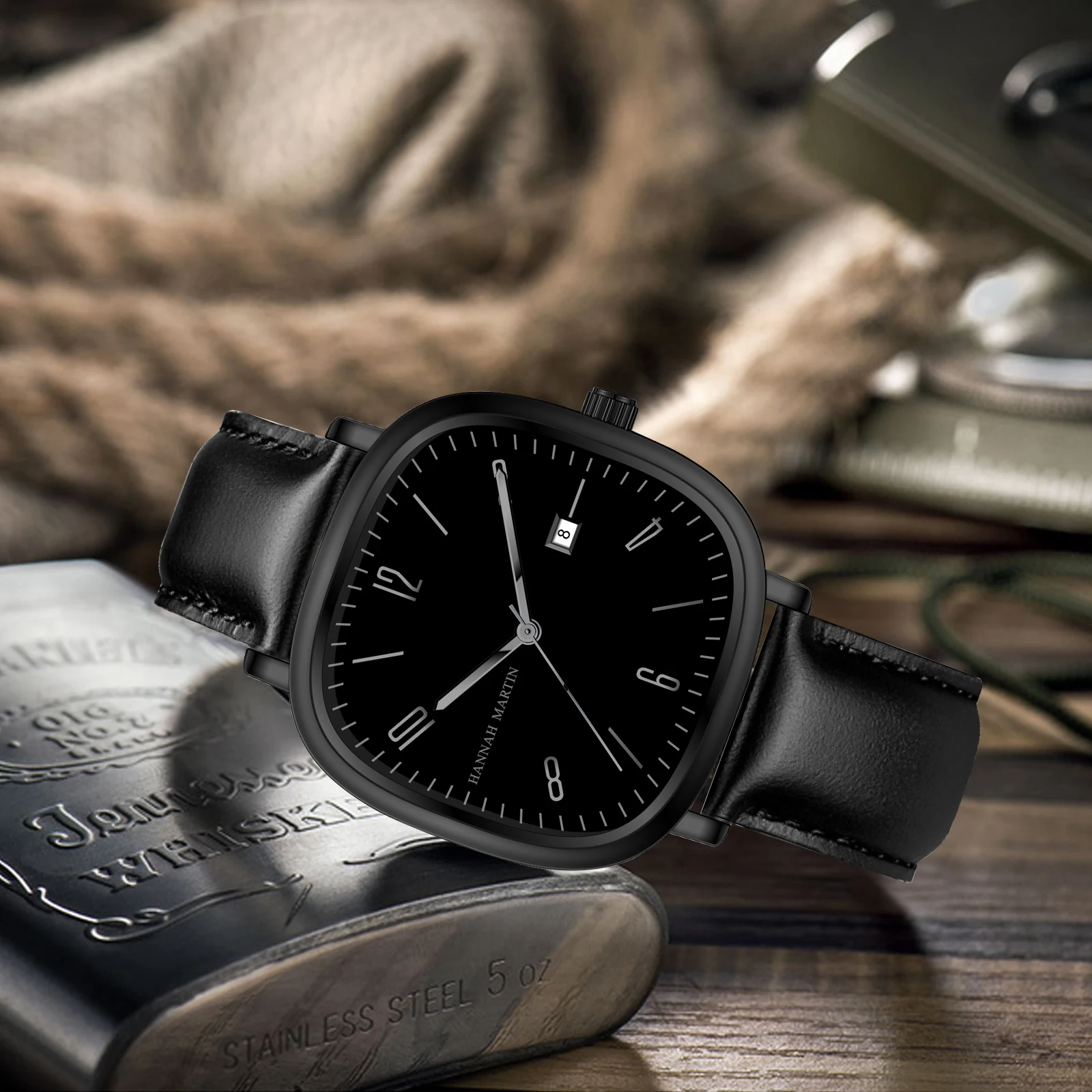 メンズスクエアレザーウォッチ,ビジネススタイルのブラッククロック