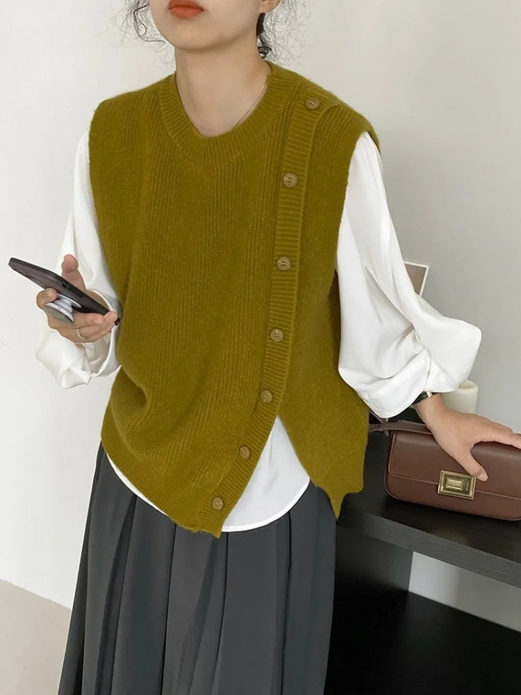 

Solid Color Women Casual Knitted Vest O-Neck Single Breasted Split Loose Fit Spring Autumn Fashion Pullover Sleeveless Sweater