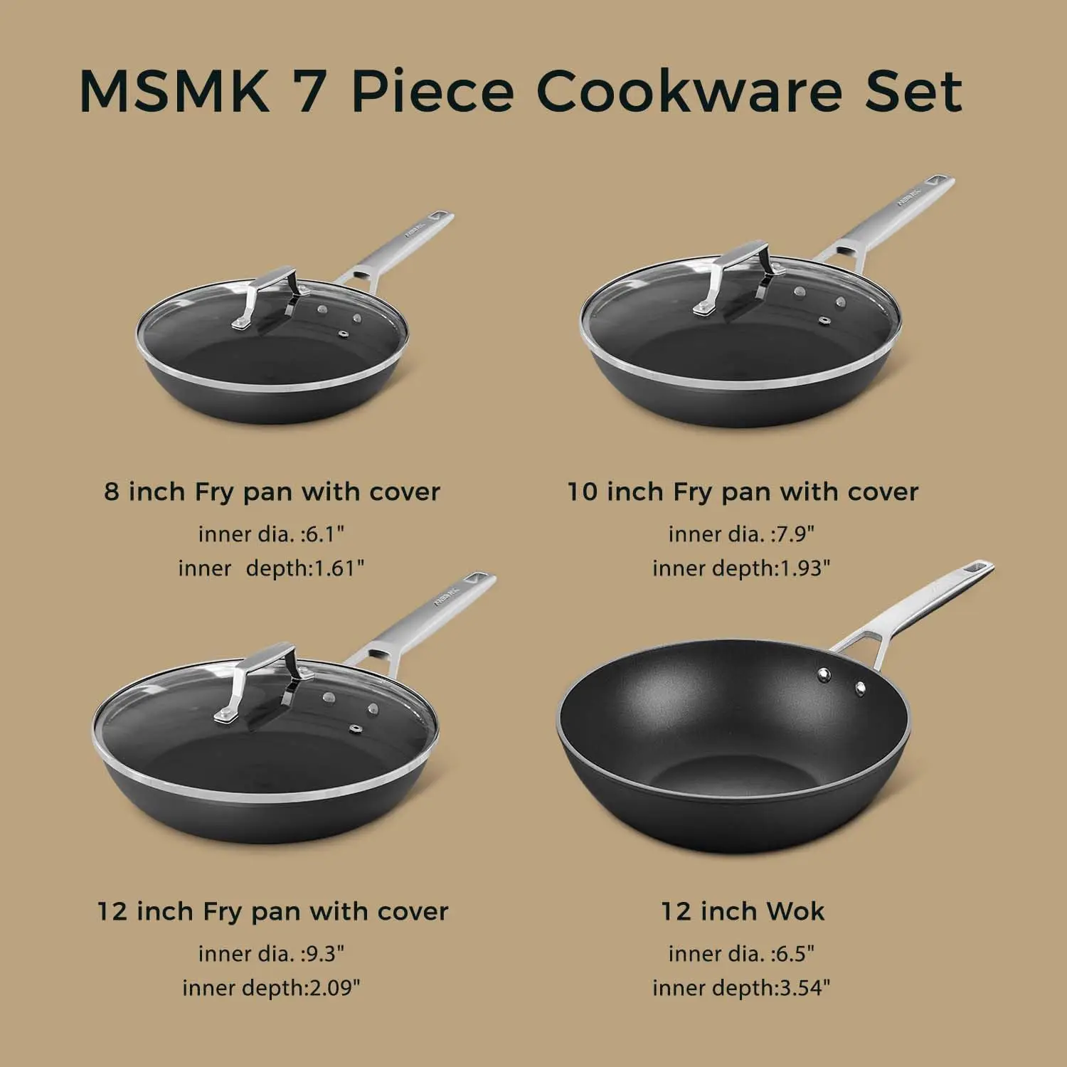 Non Stick Pans Set 7-Piece, 8, 10, 12 Inch Frying Pans and 12 Inch Induction Wok with Tempered Glass Lids, PRO Heat Distrib 6