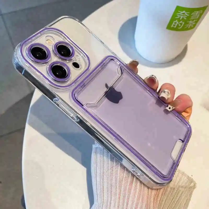 Candy Clear Slot Card Wallet Holder Case with Neon Soft Silicone and Camera Protection