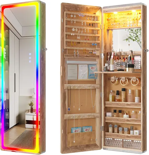 47.2" LED Mirror Jewelry Cabinet with RGB Lights, Wall Mounted Organizer, Full-Length Mirror, 2 Drawers, Lockable