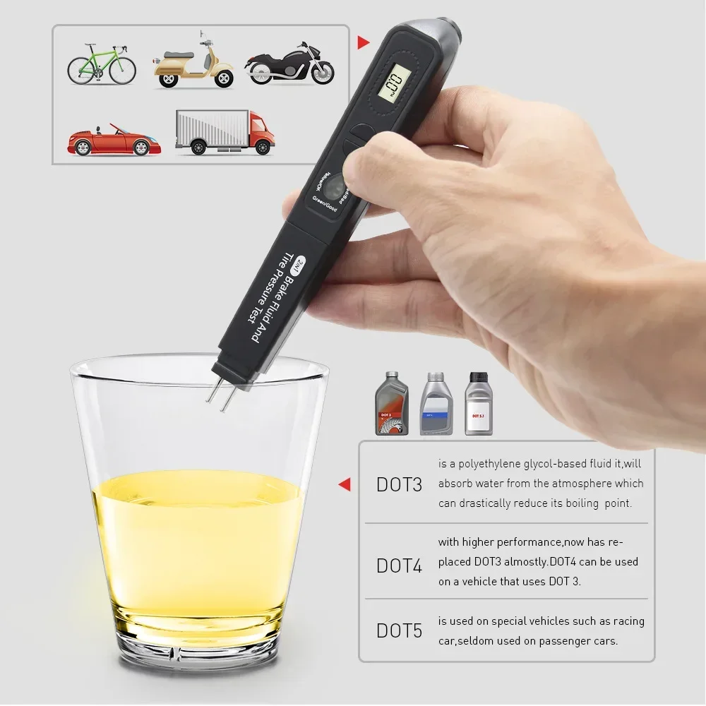 Newest Brake fluid oil TPMS tester pen 2 in 1 Car Liquid Testing For DOT3/DOT4 and Digital Tire Pressure Gauge With 5 LED light 5