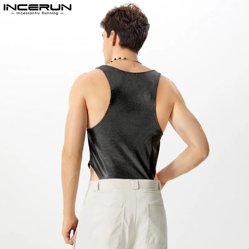 INCERUN Men Bodysuits Sequin O-neck Sleeveless Fitness Sparkling Sexy Rompers Tank Tops Men Streetwear Male Bodysuits S-5XL