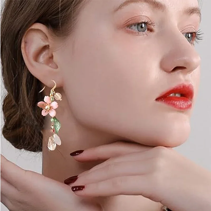Spring Pink Flower Dangle Earrings for Women Fairy Charms Floral Leaf Earrings Summer Holiday Pendants Jewelry Gifts