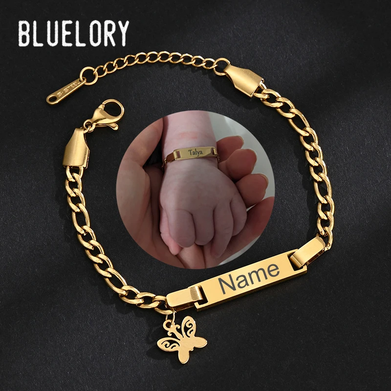 

Bluelory Custom Newborn Name ID Bar Bracelet For Kids Stainless Steel Engrave Date Symbol Baby Bracelet With Heart Birthday Gift