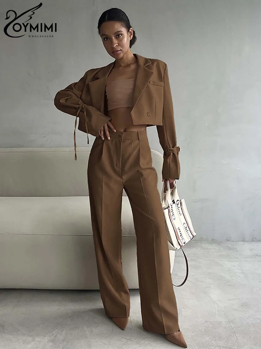 Oymimi Elegant Brown Cotton Womens 2 Piece Outfit Set Fashion Lace-Up Long Sleeve Pockets Shirt And Straight Simple Trousers Set high waist big pockets baggy denim pants vintage khaki wide leg cargo jeans casual oversized trousers street sweatpants 2022