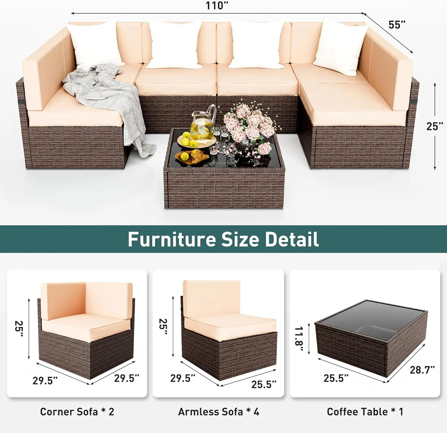 

Pamapic Patio Furniture Set, 7 Pieces Modular Outdoor Sectional, Wicker Patio Sectional Sofa, Rattan Conversation Set with Coffe