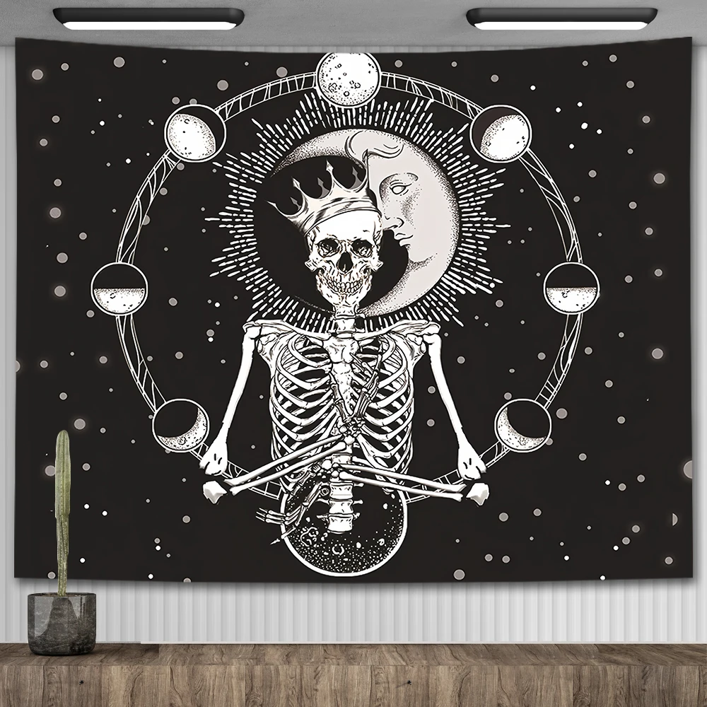 Crowned Skeleton Moon Phase Wall Tapestry Gothic Celestial Polyester Decor