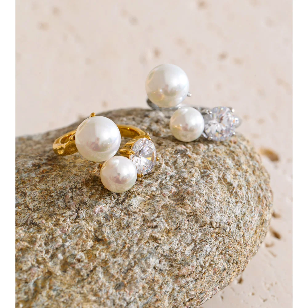 Yhpup Simulated Pearls Cubic Zirconia Ring Stainless Steel