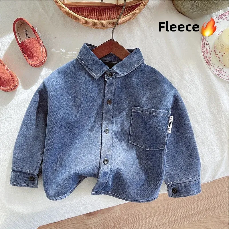 Thickened Fleece Lined Denim Shirt Jacket for Boys Autumn Winter Clothes Outerwear for Baby Boys Stylish And Handsome