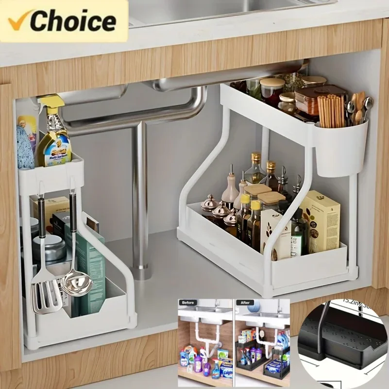 Space Saving 2 Tier Under Sink Organizer,Pull Out Storage Box Durable Large Capacity Kitchen Bathroom Essential Drawer Organizer 1