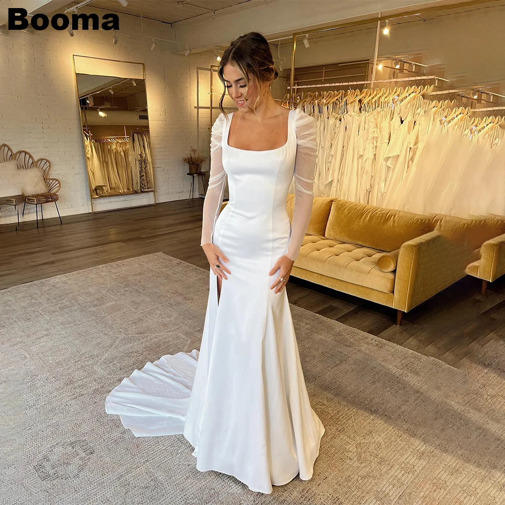 

Booma Mermaid Wedding Dresses Square Collar Long Sleeves Bridals Evening Dress for Women Sweep Train Brides Party Gowns