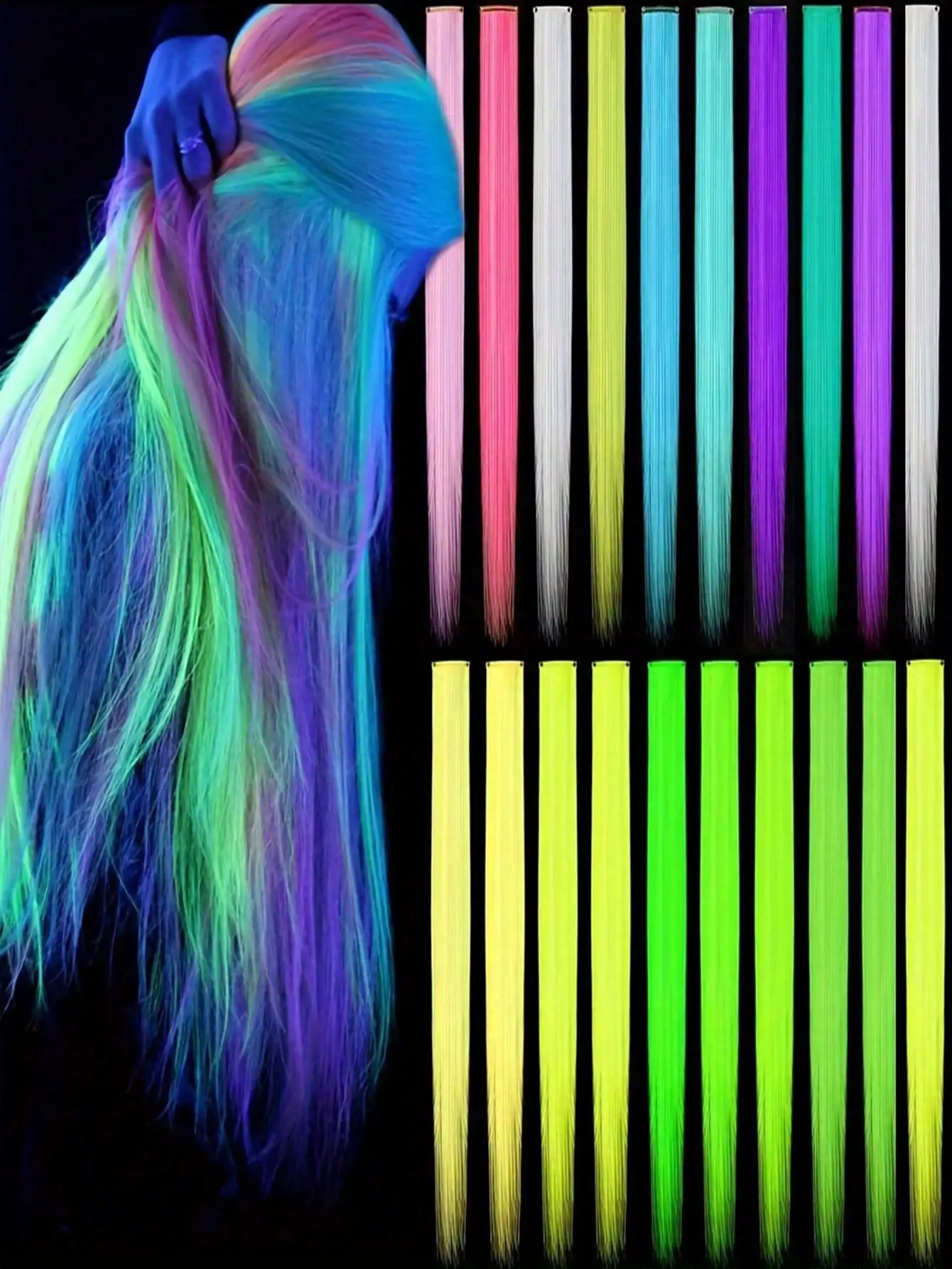 Hair Extensions 10pcs Luminous Clip In Synthetic Hair Extensions 20 Inch Mixed Colored Fluorescent Glow In The Dark Neon Hairpieces