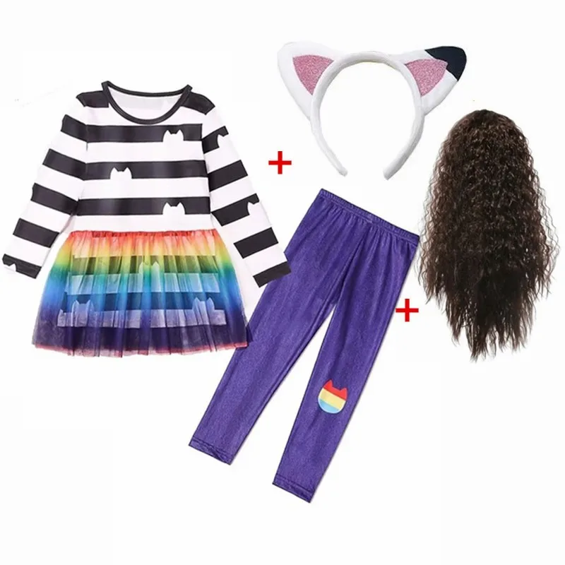 Kids Girls Dress G-Gabby Cats Baby Girls Summer G-Gabby's Dollhouse Dress Rainbow stripe Cosplay Princess Toddler Birthday Party +wig
