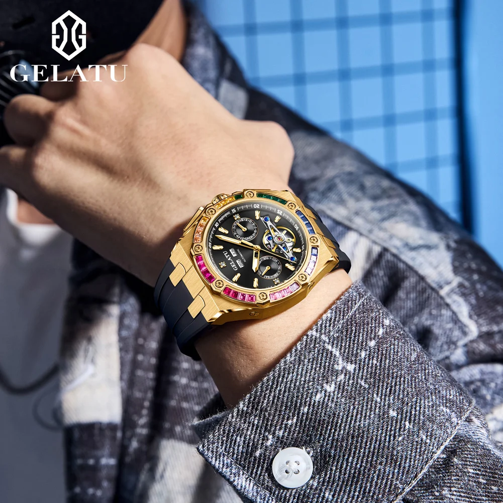 GELATU 6022 Automatic Watch Man Date Luxury Business Mechanical Watch For Men Hollow Big Dial Waterproof Fashion Men Wristwatch