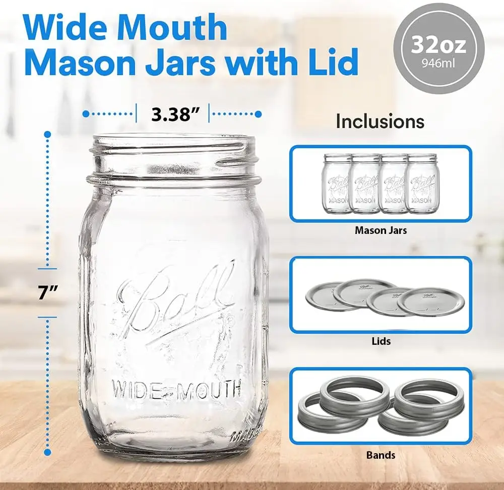  32 oz Wide Mouth Mason Jars with Metal Lids & Plastic Lids,  Quart Size Clear Glass Jars for Preserving, Meal Prep, Salad, Canning,  Fermenting, Favors, Home Decor, DIY - 4 Pack1