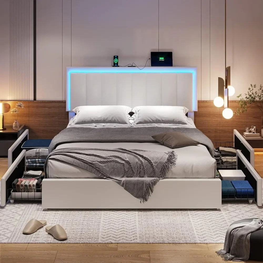 

LED Bed Frame with 4 Storage Drawers, Artificial Leather Upholstered Beds with Adjustable Headboard, Bed Frame