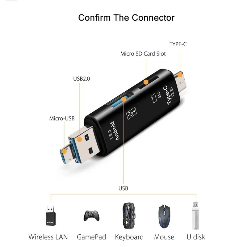 5 in 1 다기능 USB 2.0 타입 C/USB/마이크로 USB/TF/SD 메모리 카드 리더 OTG USB 리더 카드 어댑터 노트북 액세서리