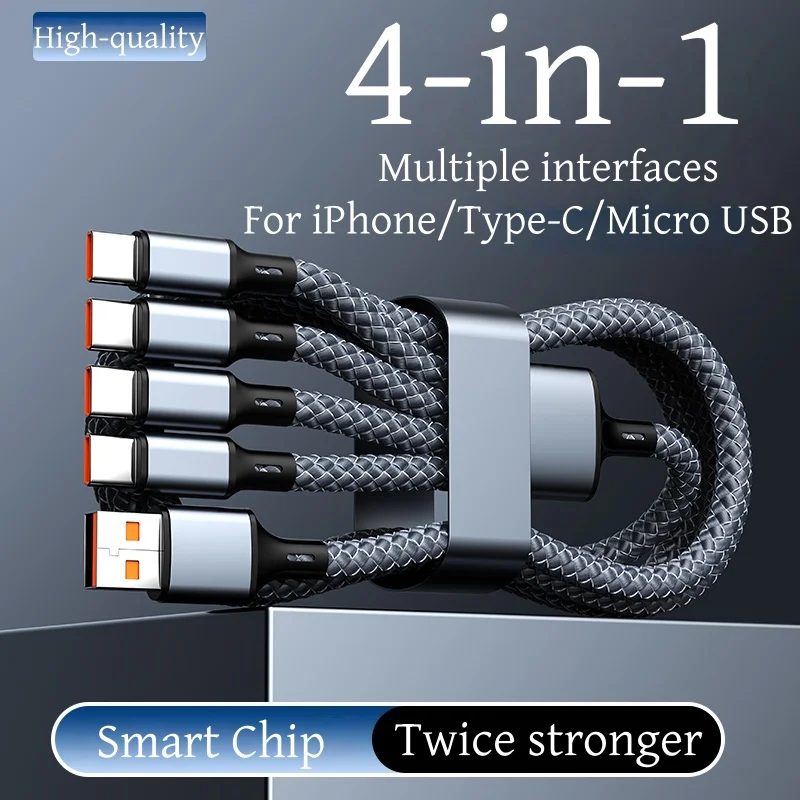 4-in-1 브레이드 나일론 데이터 케이블: USB-A에서 4개의 USB-C 포트로 연결된 고속 충전 케이블로 여러 기기 동시 사용 가능