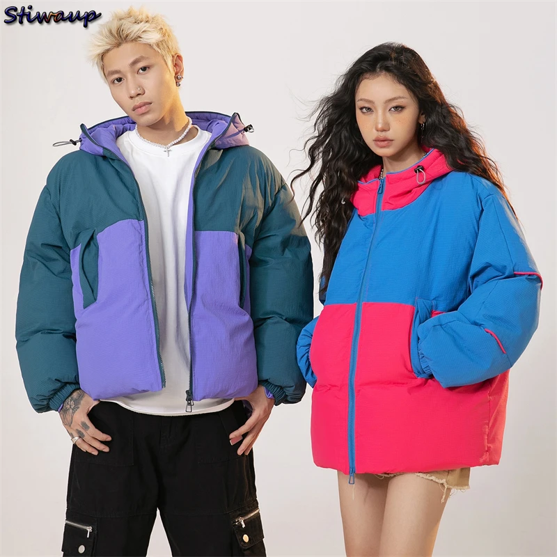 

Women's Down Jacket with Hood Spliced Fashion Winter Coat for Women Very Warm Hooded Zip-up Short Down Padding Jackets for Men