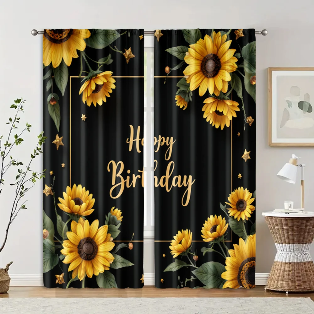 2pcs, Curtains Digital Printed 2D print Sunflower Happy Birthday Durable 100% Polyester Fabric (without rod) Room Decor Use for 2