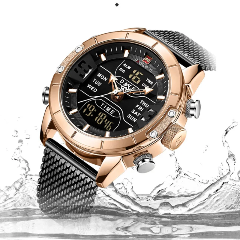 Dual Display Quartz Watch For Men Luxury Fashion Waterproof Clock Luminous Timing Mesh Steel Strip Men Watch Reloj Hombre NF9153