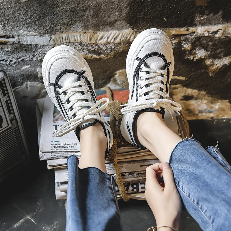 

Small White Shoes Canvas Single Shoes Women2022Classic Lace-up Round Toe Casual Thick Women Shoes Platform Sneakers Black Flats