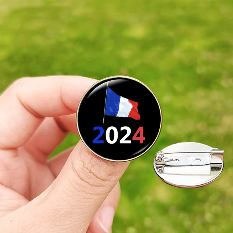 Paris 2024 Olympics Pin France Flag Love Heart Pattern Glass Cabochon Lapel Pins for Men Women Backpack Brooch Souvenirs