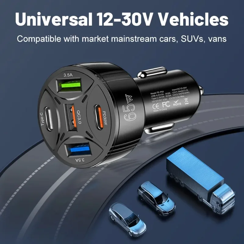 5 Port 65W USB Car Chargers Type C Car Charger Fast Charging PD QC3.0 Phone Charger in Car Cigarette Lighter Flash Charge - 6