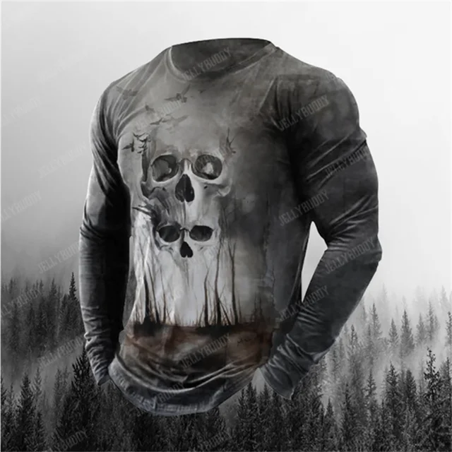 Long Sleeve Horror Skull 3d Printed Men's Oversized T Shirt New Winter Street Hip Hop High Quality Fashion Black Casual Shirt 7
