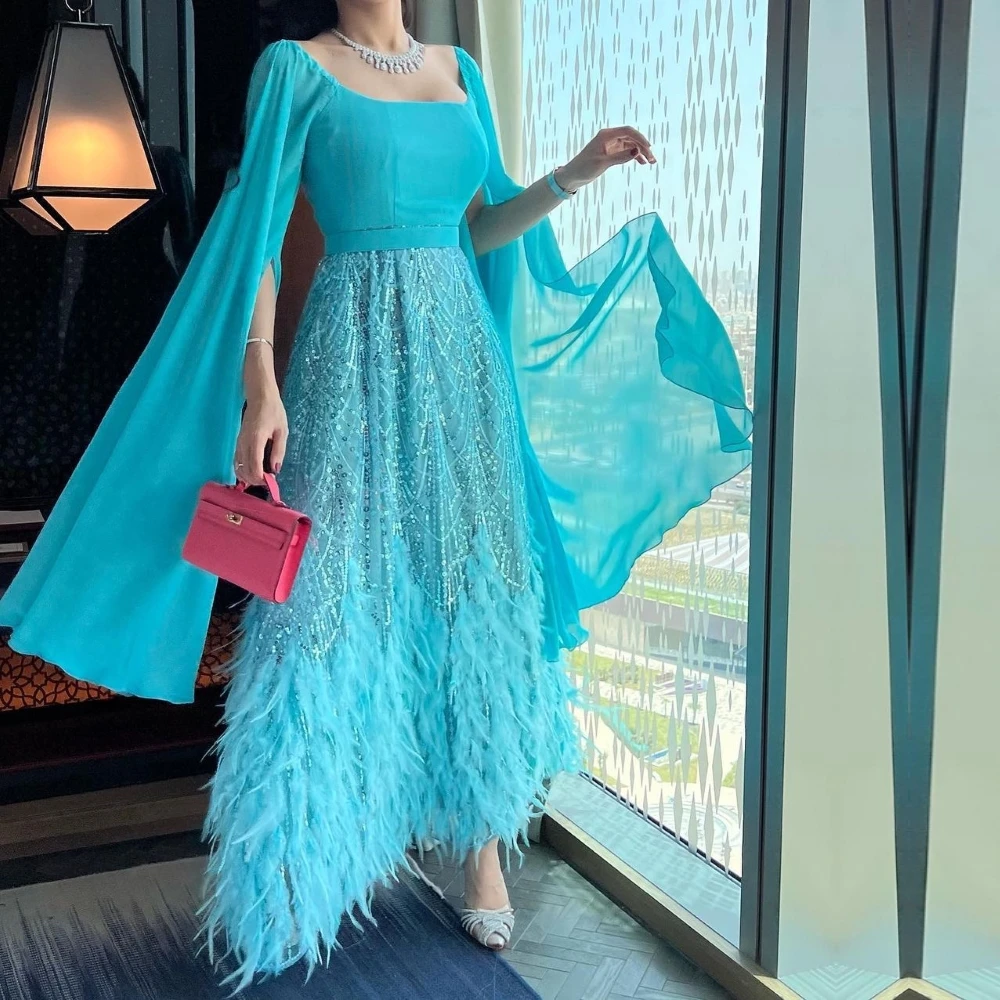 

Prom Dresses Scoop Neckline Long Sleeve Feathers Formal Occasion Evening Gowns فساتين سهره Abendkleider Vestido De Festa Luxo