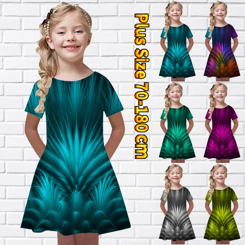 

2022 New Summer Little Girls Abstract Print Dress Everyday Loose Size Knee-length Skirt Round Collar Fashion Short Sleeve Skirt
