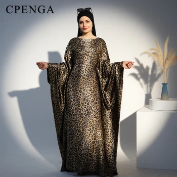 2 Piece Leopard Print Islamic Modest Clothing Set Luxury Ramadan Dubai Abaya Dress with Hijab for Women Muslim Vacation Outfit