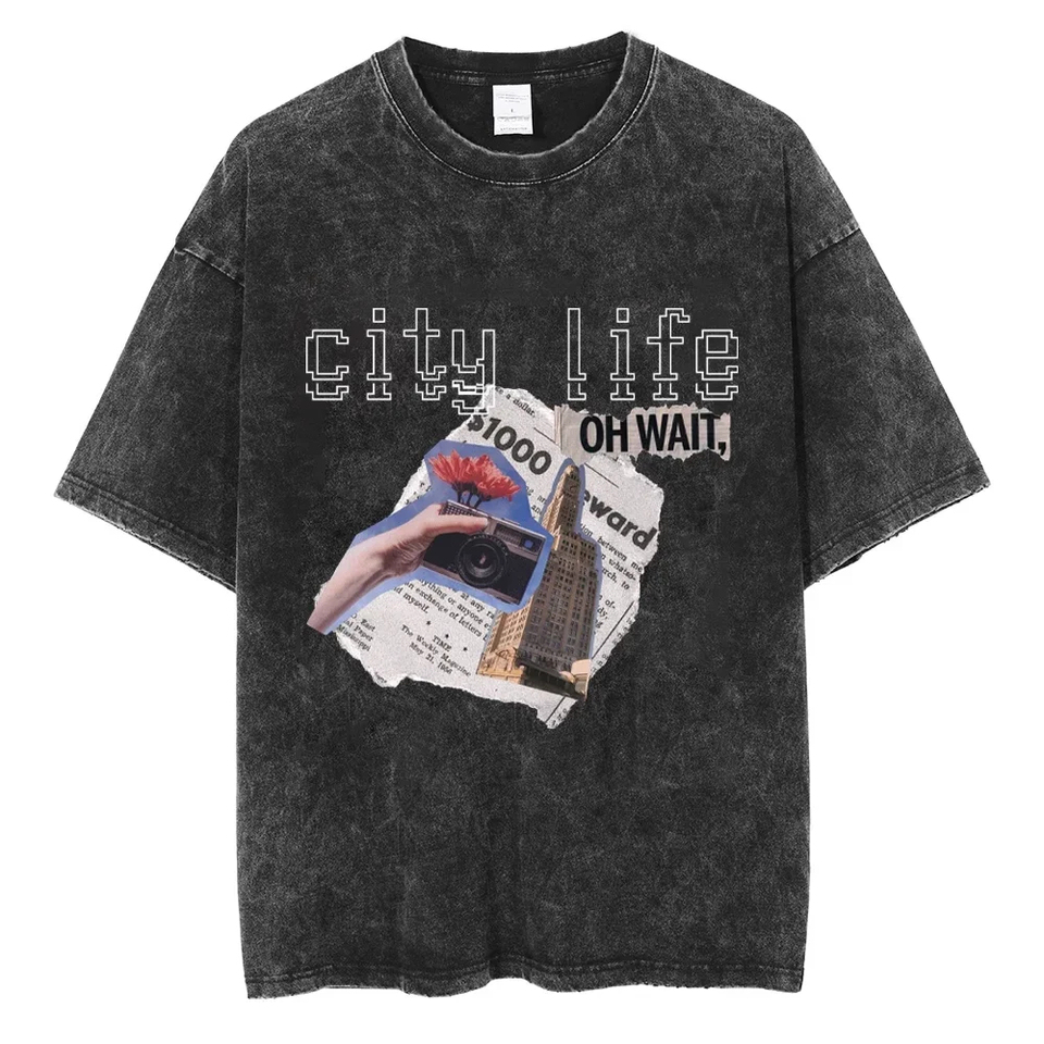  2026 American Street T-shirt with "city Life" Print Vintage Washed T-Shirt Fit Oversized Tee for Men Women Casual Streetwear 