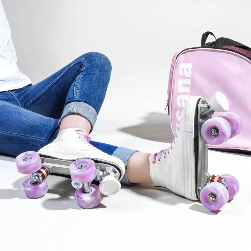 Canvas Roller Skates for Men and Women, Sliding Quad Sneakers, Beginners Shoes Patines, 2 Row, 4 Flash Wheels, High Quality