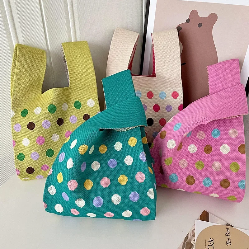 

Female Korean Version of Niche Design Color Polka Dot Knitted Handbag Handbag Student Large Capacity Underarm Bag Female