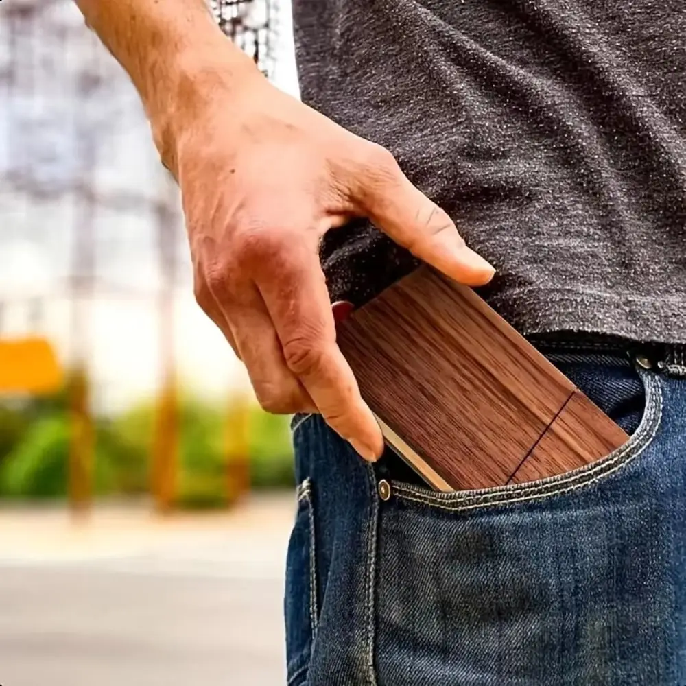 얇은 호두나무 명함 케이스 대용량 휴대용 명함 보관함 포켓 사이즈 원목 카드 케이스