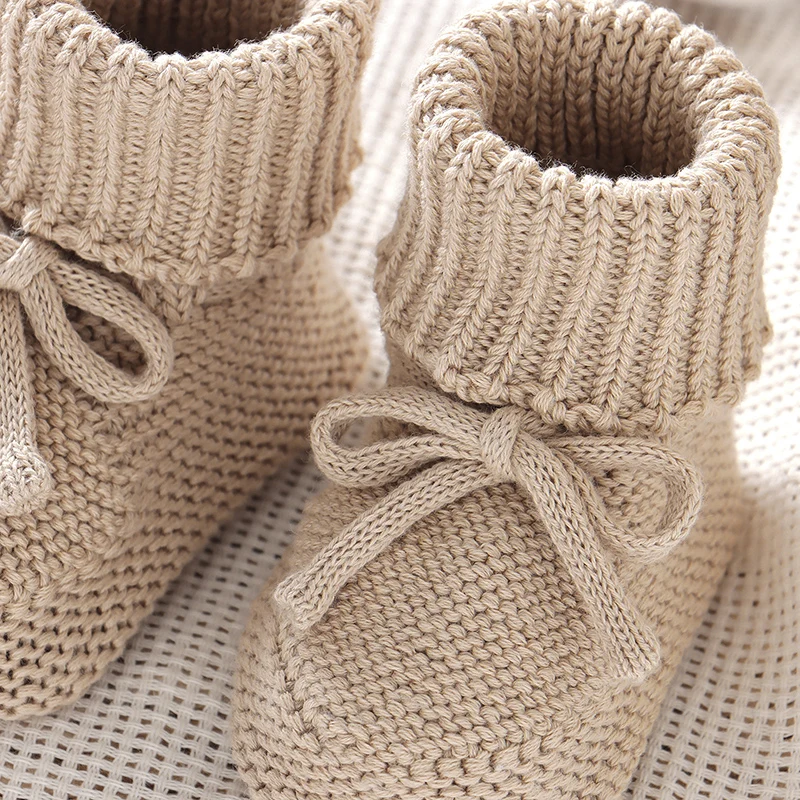 Newborn Baby Shoes Cotton Knit Infant Boys Girl Boots Fashion Tie Solid Toddler Kid Clothing Accessories 0-18M Walk Bed Footwear