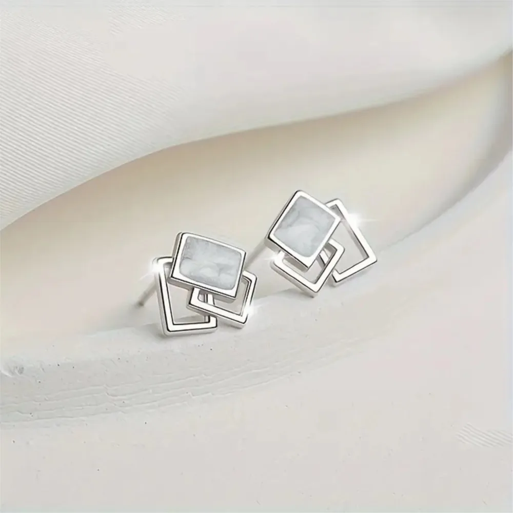 Silver Color Geometric Square Stud Earrings for Women Stylish Hypoallergenic Earring Daily Wear Jewelry Occasions