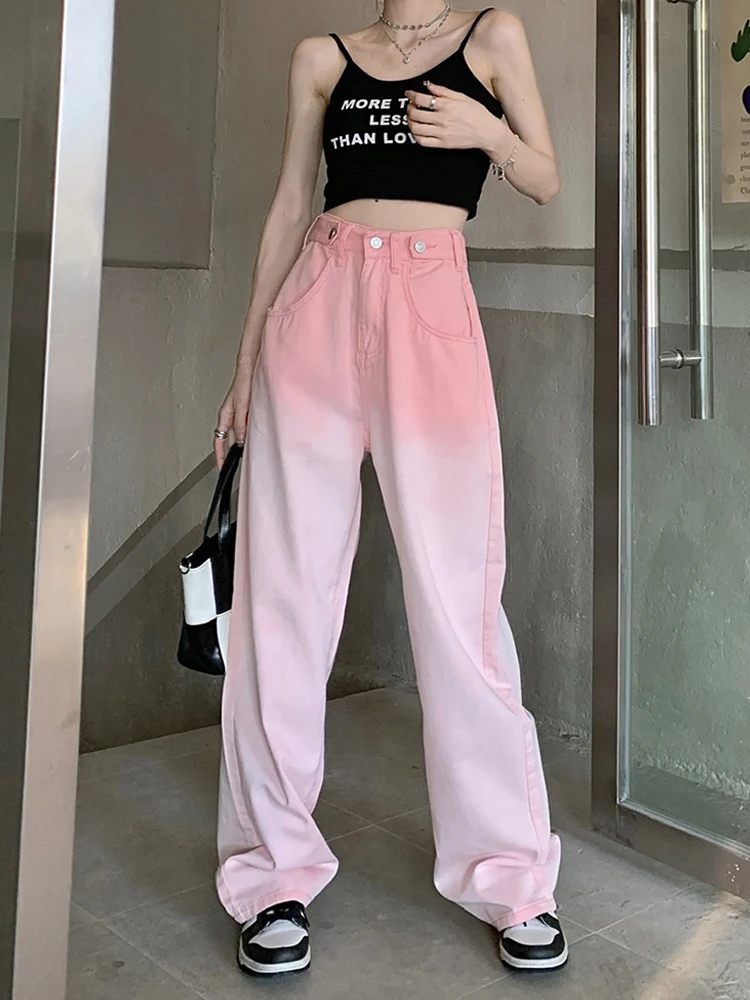 

Pink Tie Dye Wide Leg Jeans Women Summer New High Waisted Loose and Thin Straight Long Pants Ins Tide Female