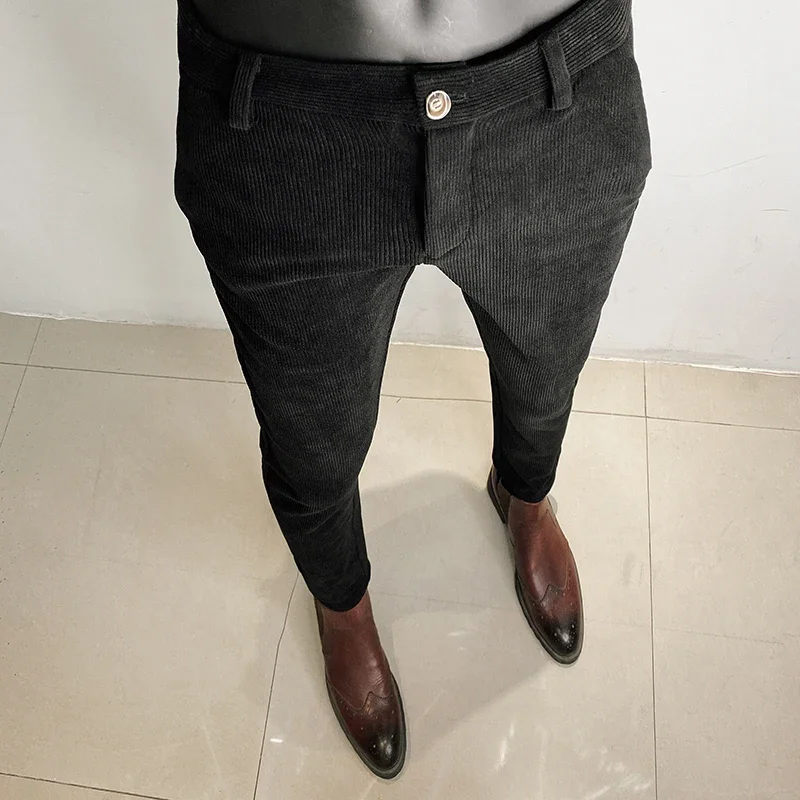 Autumn Winter Men Corduroy Pants Trousers Woolen Thicken Keep Warm Stripe Casual Slim Fit Dress Pants