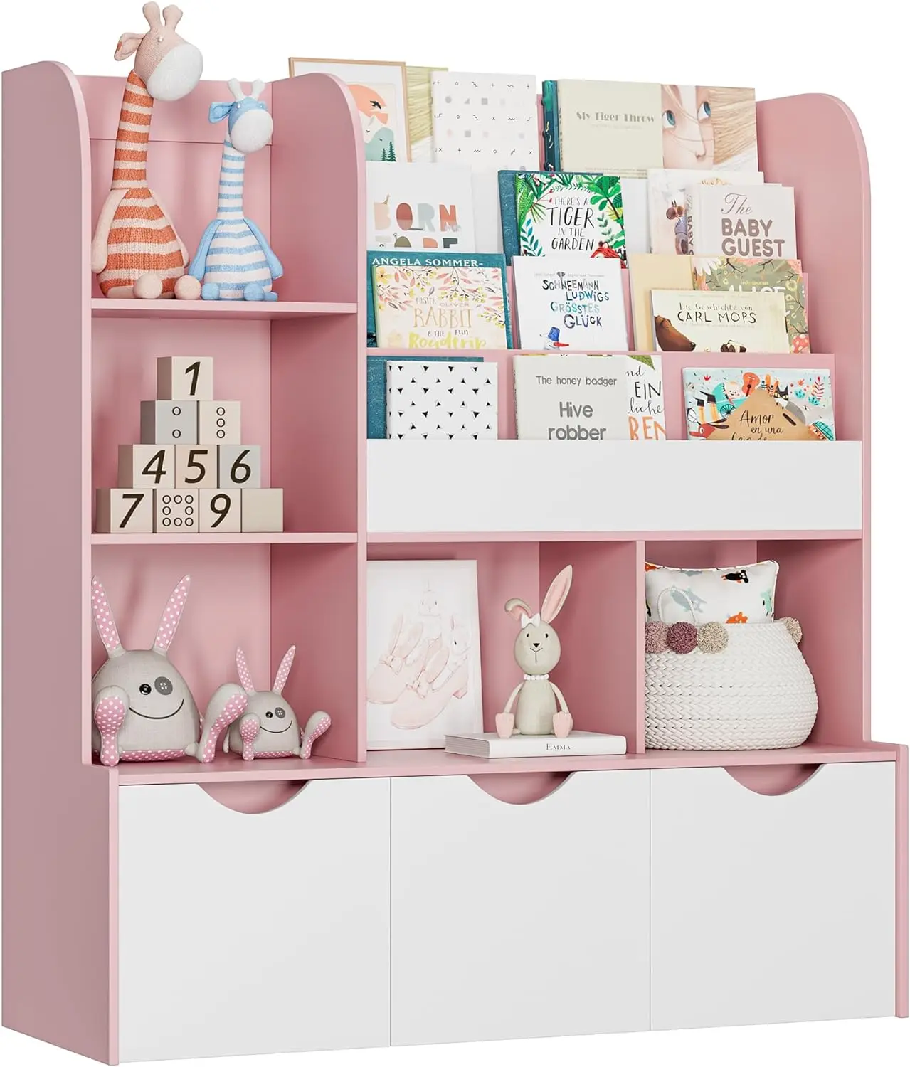 Kids Bookcase and Bookshelf Multifunctional Bookcase with 5 Storage Cubbies and 3 Movable Drawers Organizer 47"